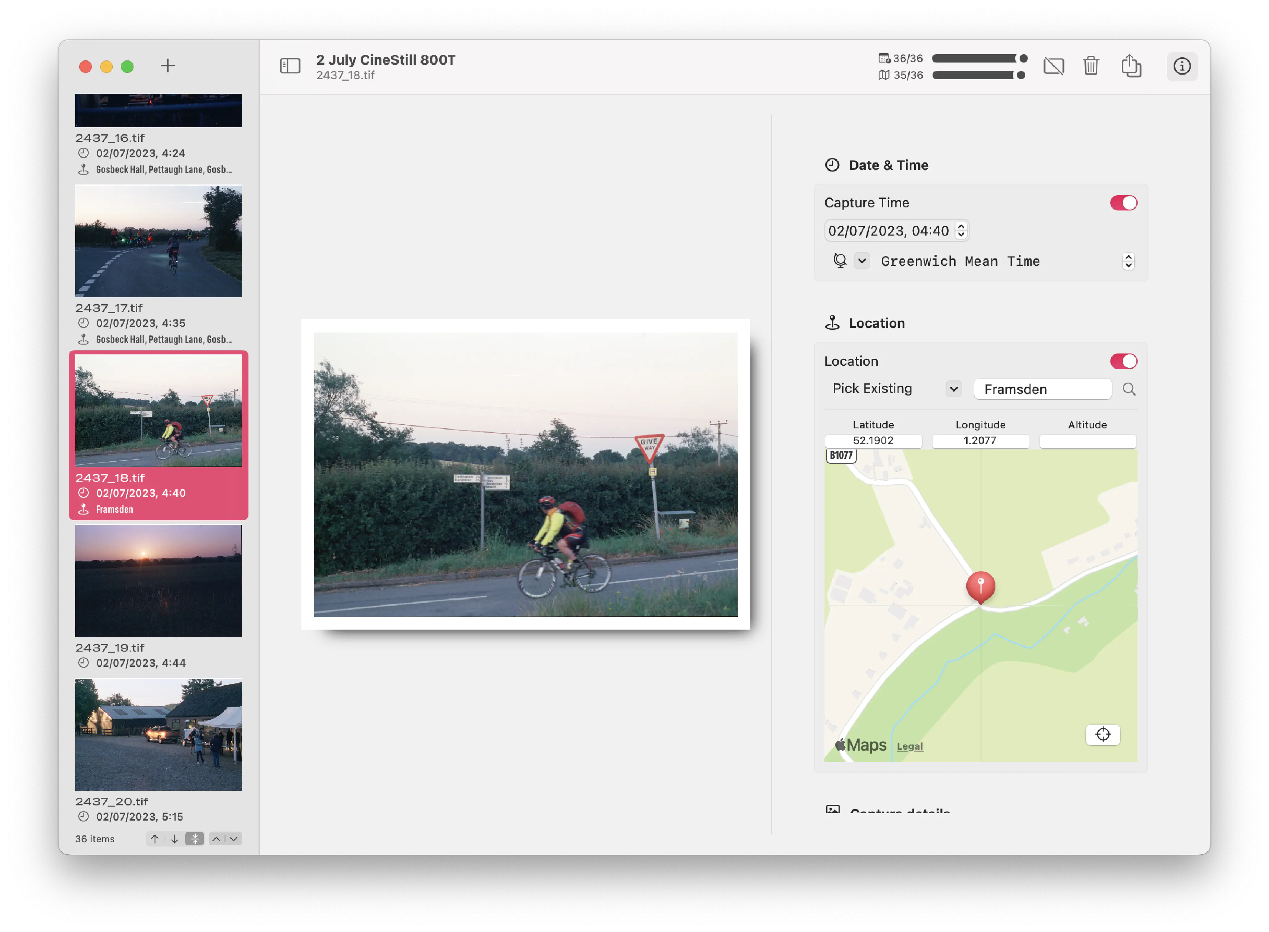 A screenshot of a Mac app called “Unspool”, showing a two-pane sidebar-detail layout in a document called “2 July CineStill 800T”. In the sidebar are images, with their filenames, and dates and locations, along with an “Overview” option, and controls for sorting the images (which are of cyclists at dawn and a pickup truck in the morning light.) In the detail pane, the image is shown with a white border suggesting a print, alongside controls allowing the app’s user to set the capture time and the location (by searching, or by setting latitude, longitude, and altitude) along with an image description. On the toolbar are buttons to mark an image as a dud, delete an image, export, a toggle to show/hide the inspector, and a gauge indicating how many of the photos have locations and times attached.