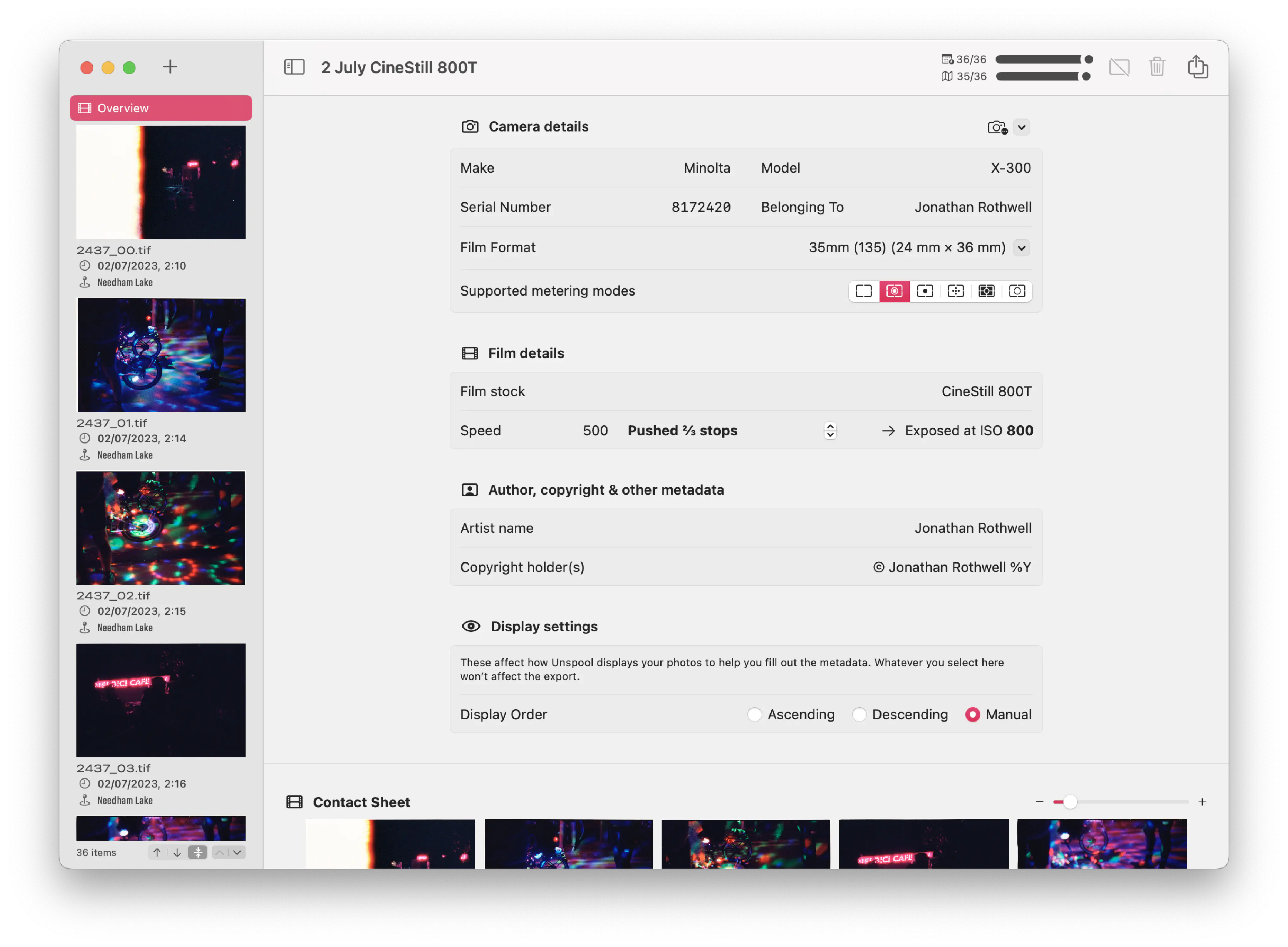 A screenshot of a Mac app called “Unspool”, showing a two-pane sidebar-detail layout in a document called “2 July CineStill 800T”. In the sidebar are images, with their filenames, and dates and locations, along with an “Overview” option. In the main view is a form allowing people to pick the camera, film, artist copyright and sort order of the images, plus a grid view (titled 'contact sheet') below.